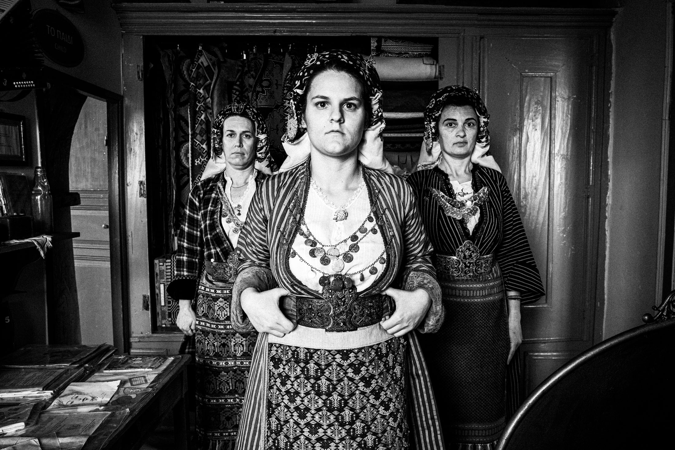 The local women's costumes of Soufli, in Thrace, Greece. Black-and-white photography by George Tatakis