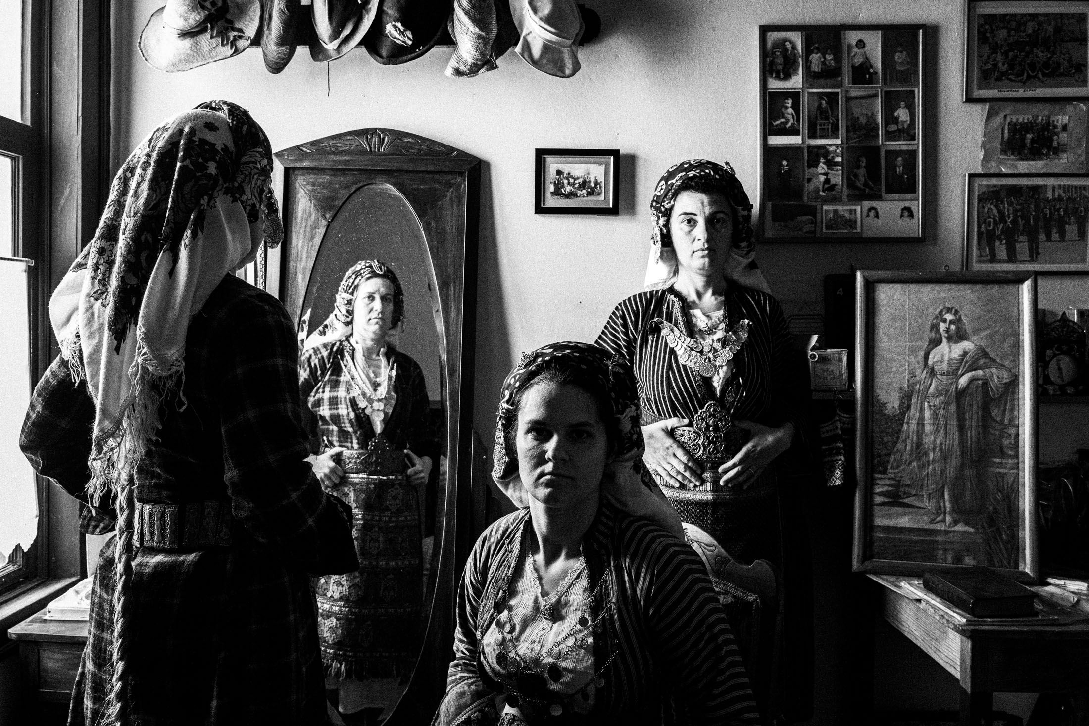 The local women's costumes of Soufli, in Thrace, Greece. Black-and-white photography by George Tatakis