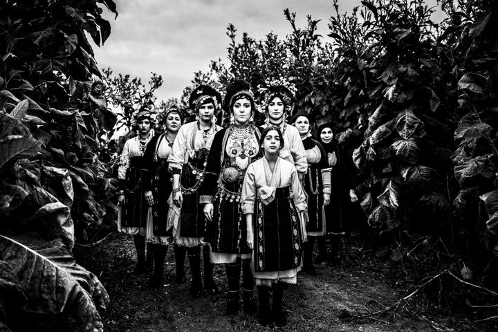 A group of women wearing the costumes of Roumlouki in a field of tobacco in Meliki, Imathia