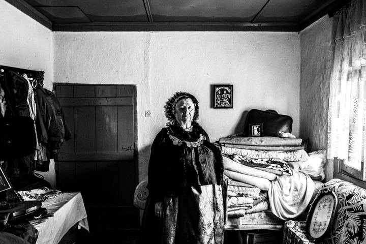 Woman wearing the local costume of Nea Vyssa, inside a local house. Evros, Thrace, Greece