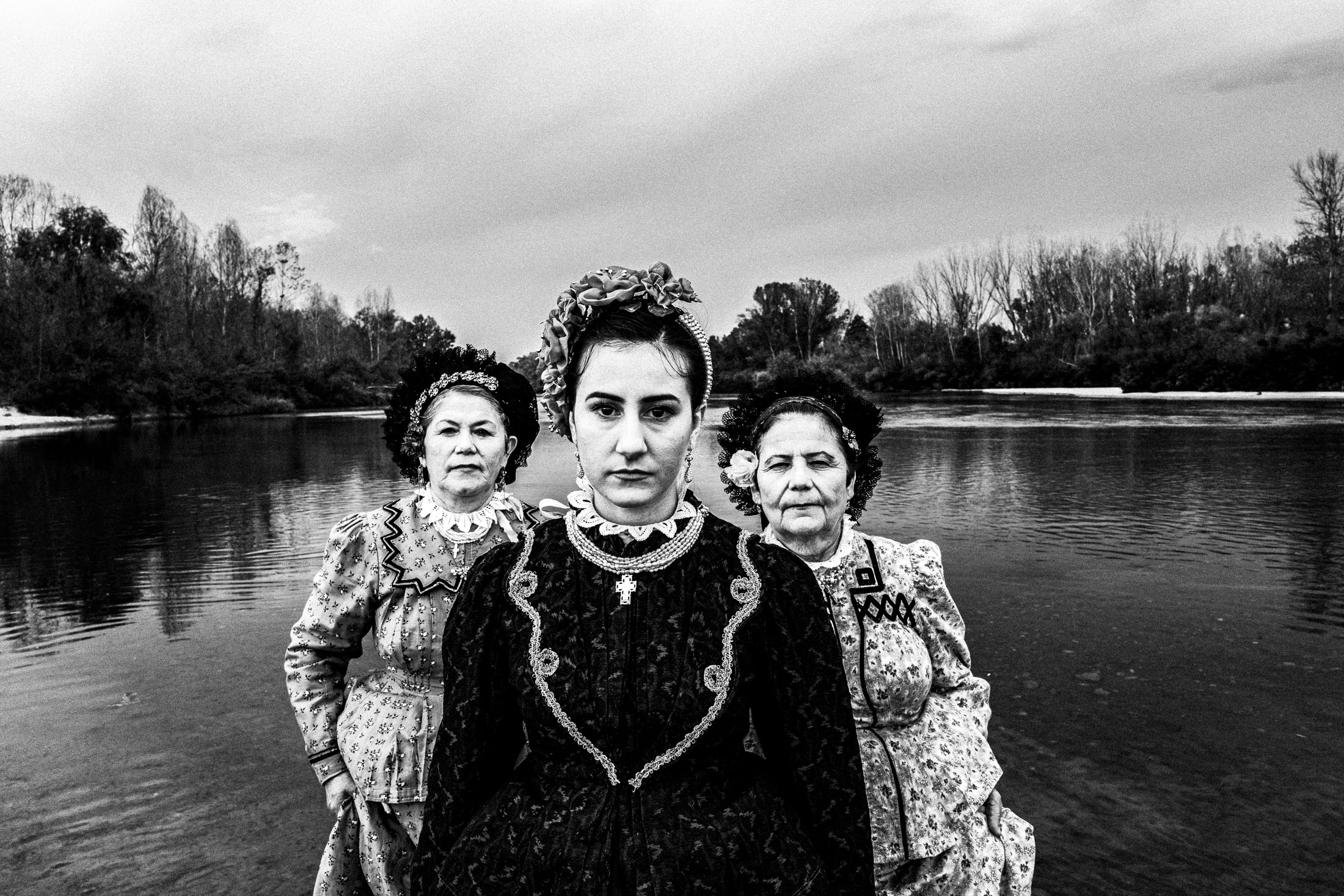 Woman wearing the local costume of Nea Vyssa, in Ardas River. Evros, Thrace, Greece