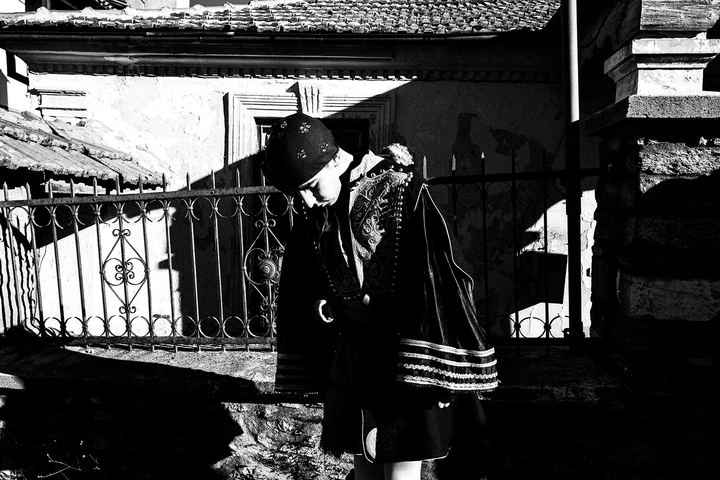 A young man dressed Tsolias during the new year's carnival at Klisoura, Kastoria