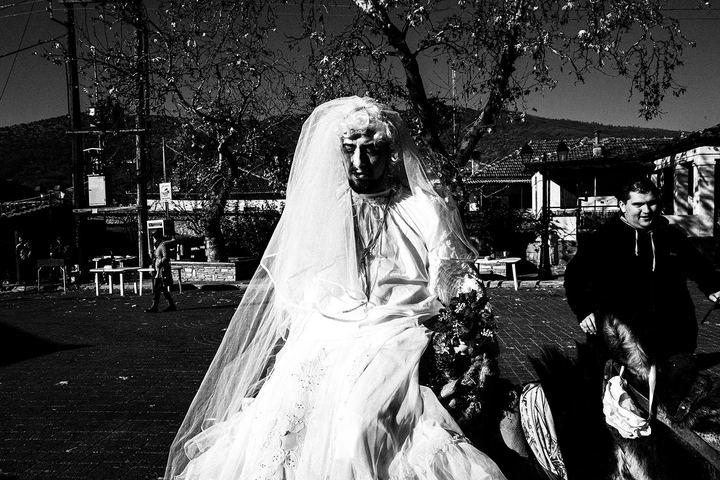 A man dressed as a bride during the annual wedding representation at Germas, Macedonia