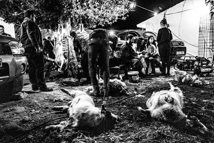 Stockbreeders slaughtering and preparing lamb during the festival.
