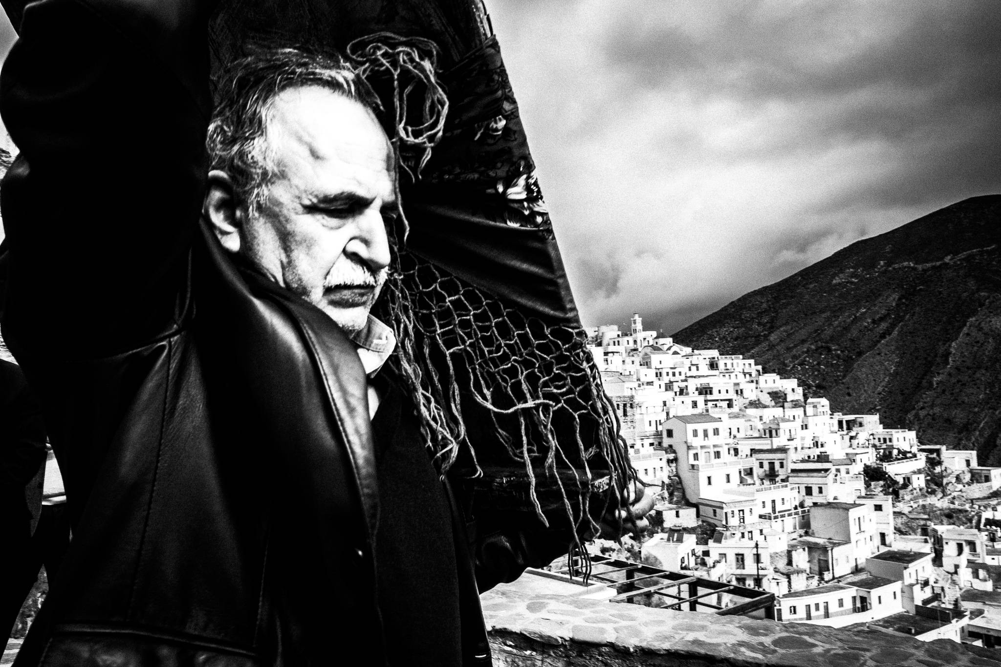 Black-and-white photograph from Easter Tuesday Litany of Olympos, Olympos, Karpathos.