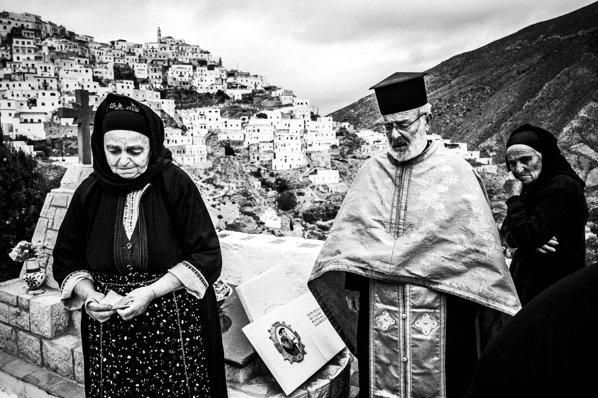 Black-and-white photograph from Easter Tuesday Litany of Olympos, Olympos, Karpathos.