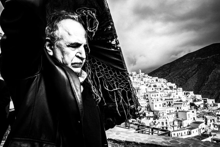 Black-and-white photograph from Easter Tuesday Litany of Olympos, Olympos, Karpathos.