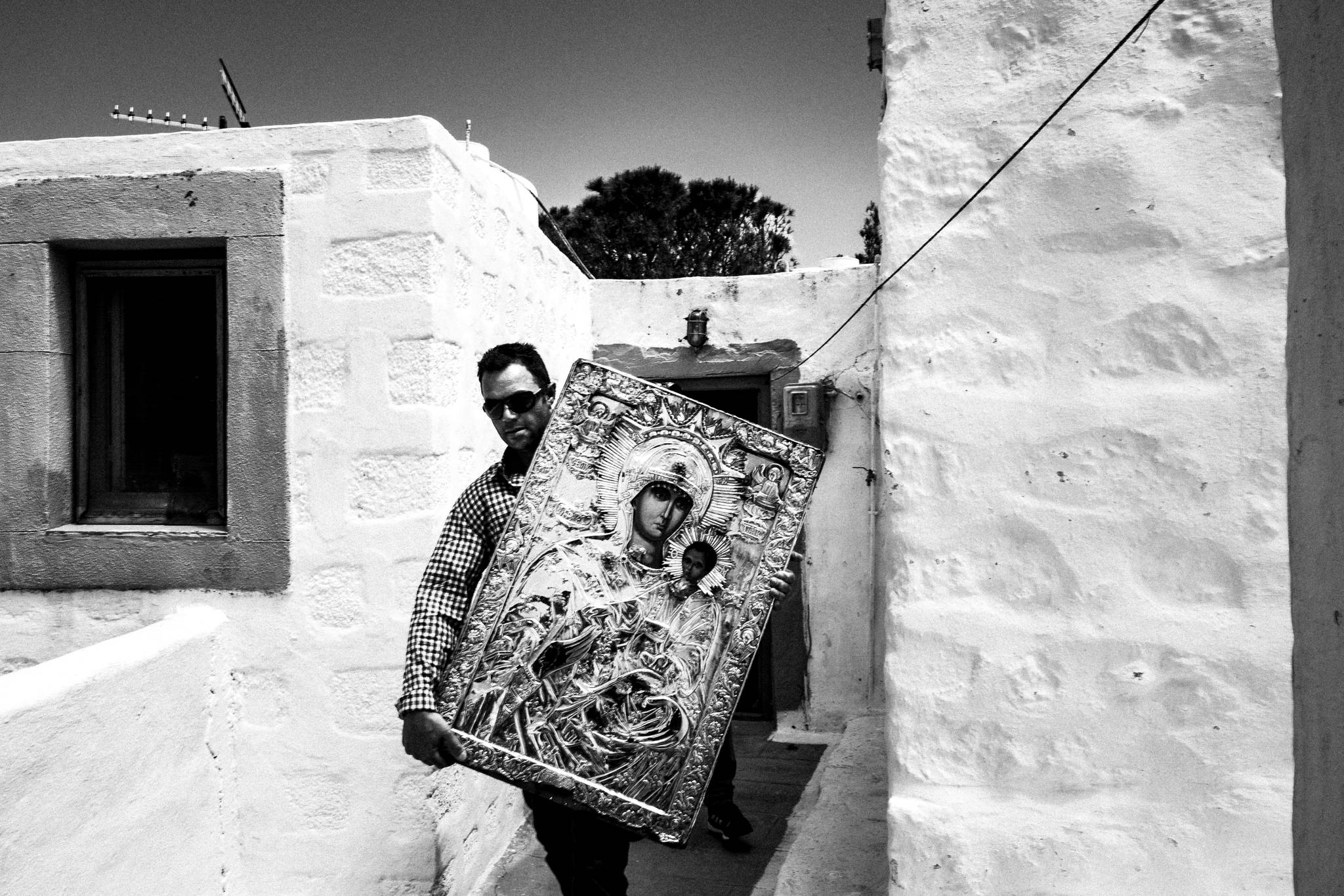 Black-and-white photograph from Easter Tuesday Litany of the Icons in Patmos, Patmos.