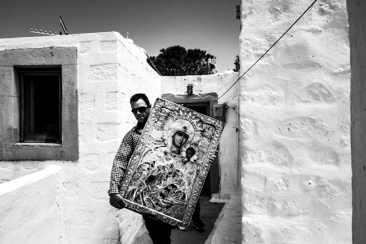 Black-and-white photograph from Easter Tuesday Litany of the Icons in Patmos, Patmos.