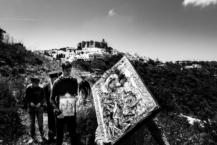 Black-and-white photograph from Easter Tuesday Litany of the Icons in Patmos, Patmos.