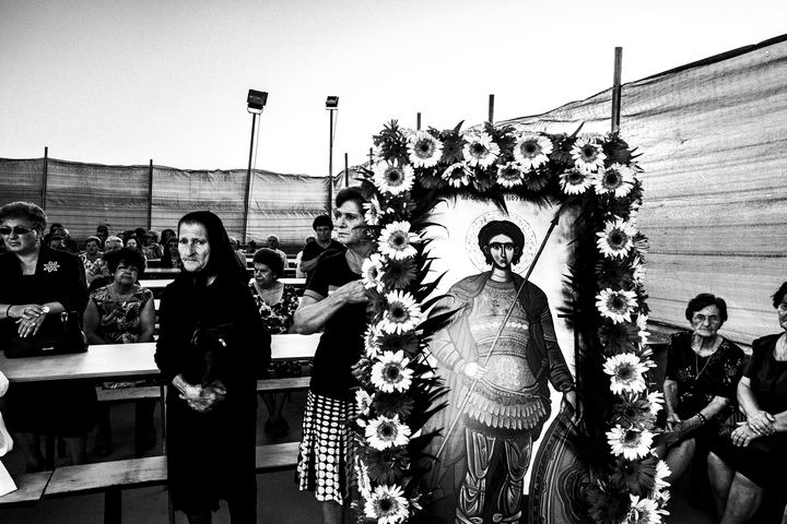 Worshippers gathered in the courtyard during the Saint Fanourios celebration in Kos.