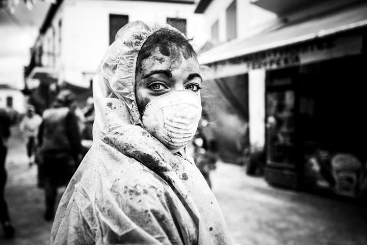 A young participant in protective clothing during the Flour Wars of Galaxidi.