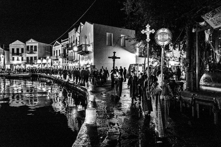 The Epitaph procession beside the harbour of Megisti, Kastellorizo.