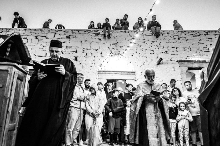 Worshippers attending the evening service at the Prophet Elias monastery.