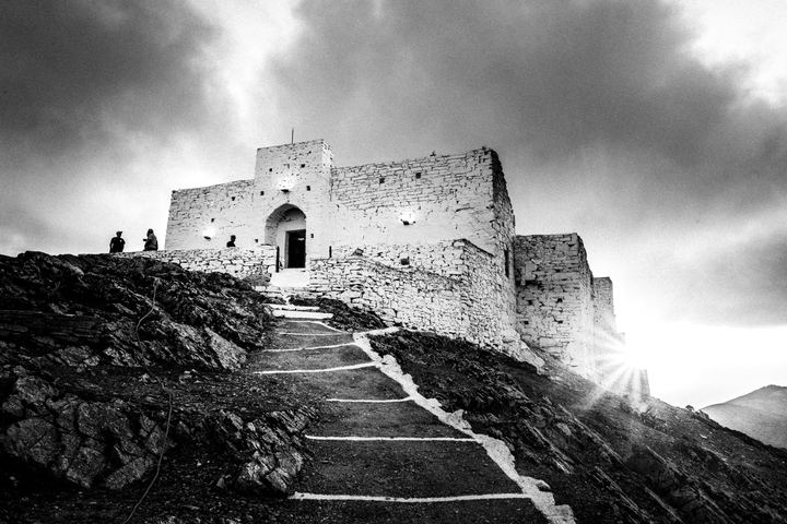 Exterior of the historic Prophet Elias monastery on the summit of Sifnos.