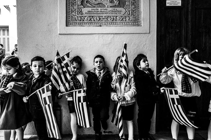 Kids during the student parade on the island of Andros, on October 28 each year.