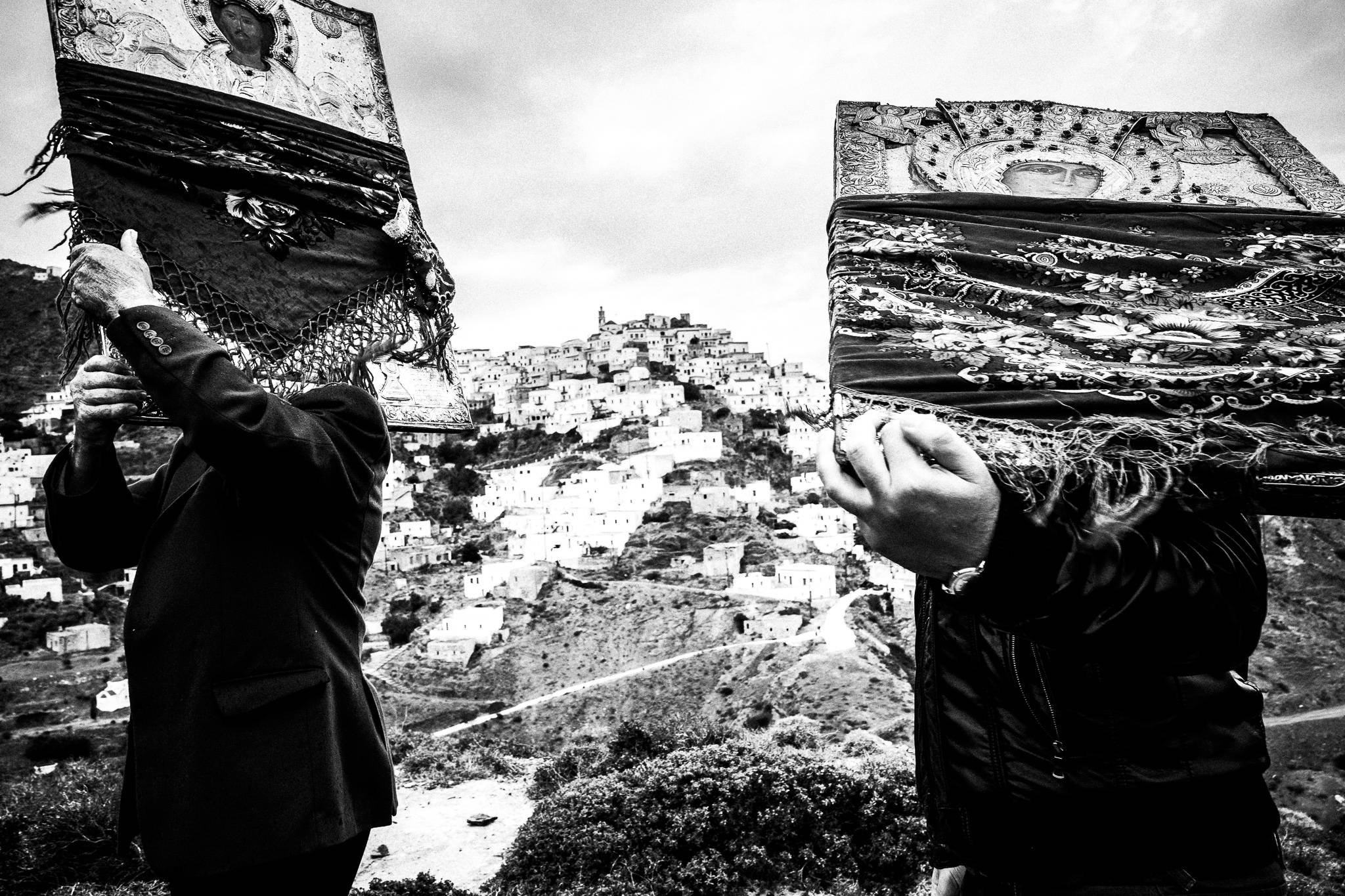 Black-and-white photograph from Easter Tuesday Litany of Olympos, Olympos, Karpathos.