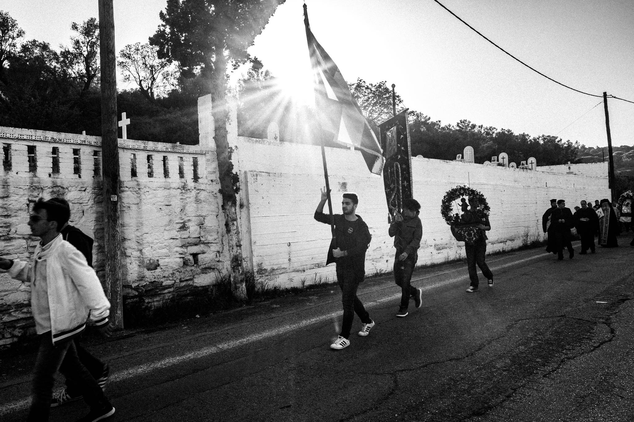 Black-and-white photograph from Easter Tuesday Litany of Katarraktis, Katarraktis, Chios.