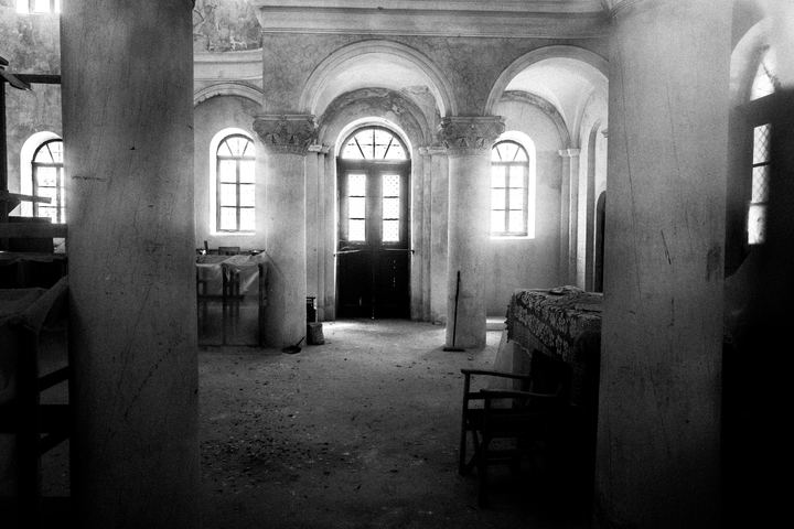 Black and white photograph of an old church in Megisti, Kastellorizo.