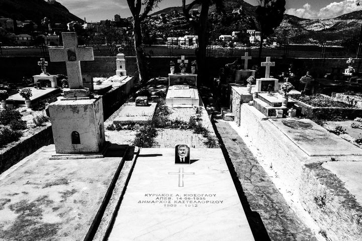 Black and white photograph of the cemetery at Mandraki on Kastellorizo.