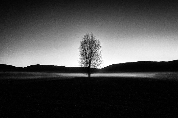 Black and white photograph of a quiet winter landscape in Western Macedonia.