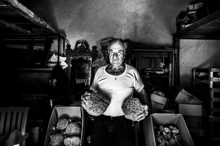 Black-and-white photograph of Antonis Kampourakis at his sponge warehouse on Kalymnos.
